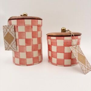 Made in India Pink Checkered Ceramic Canister Set of 2 Wood Lids Gold Knobs NEW